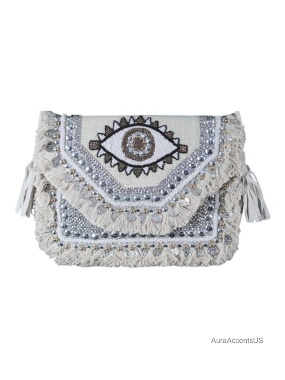 Evil Eye Embroidered Bohemian Envelope Shoulder Bag Clutch with Chain Strap